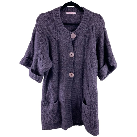 Moda Immagine Women’s Purple Short Sleeve Cable Knit Button Front Cardigan Sz M - Picture 1 of 12
